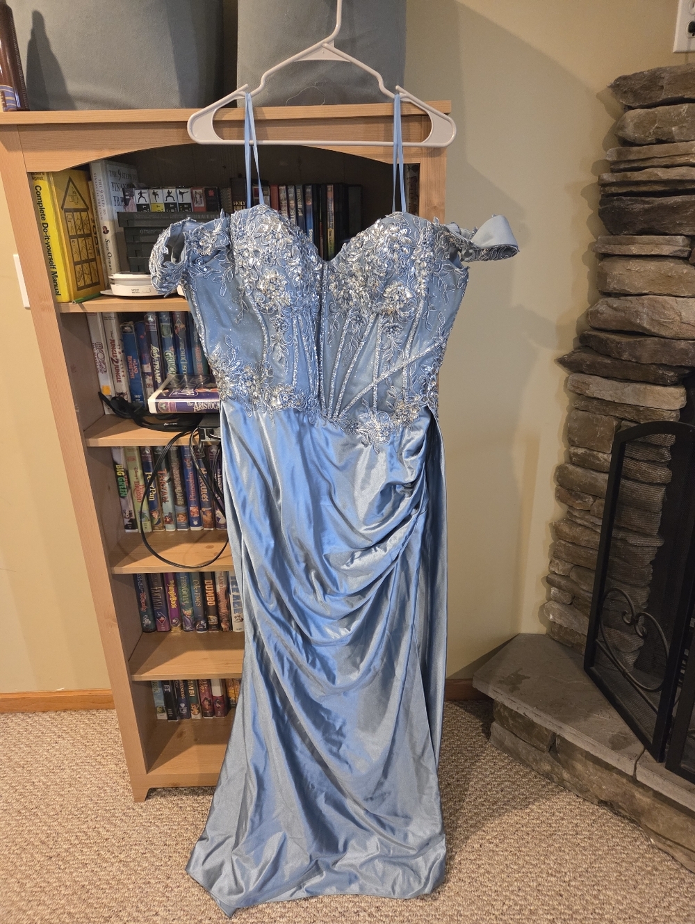 Cinderella Light Blue Off-Shoulder Beaded Prom Dress
